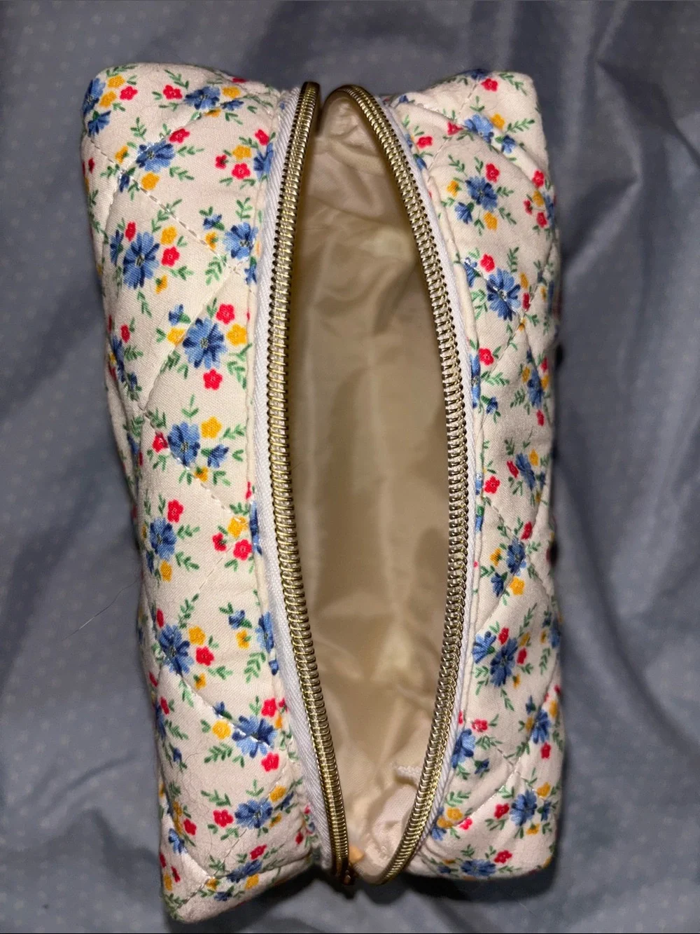 Marshalls Floral Quilted Cosmetic Pouch - Cream with Blue, Red & Yellow Accents